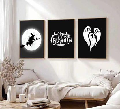 Halloween Horror Ghost Canvas wall art Witch flying on a broom Painting Picture Wall Decor Goth Dark Moody Poster Print Artwork for Halloween Party in Living Room and Bedroom Home Decoration