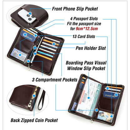 CataPurus Top Grain Leather Travel Passport Wallet Holder for Man & Woman, Handmade with Three-Layer for 4 Passports & Multi Cards, RFID Blocking Large Capacity for Cards/Passports/Tickets, Blue