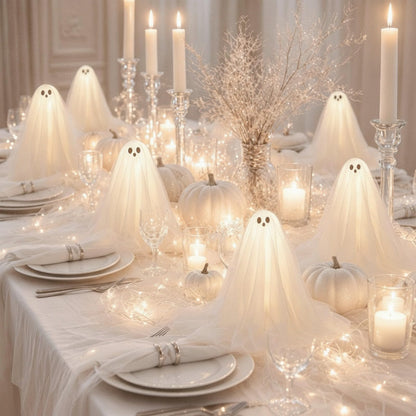 Woanger 3 Pieces Lighted Halloween Ghost Table Decor with LED Light Strip White Spooky Ghost Tabletop Lamp on Wooden Base for Indoor Halloween Party Mantel Shelf Home Decorations