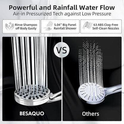 BESAQUO Shower Head,10 Functions High Pressure shower head with handheld, Built-in Pause Mode & Power Wash, Non-Clogging Nozzles High Flow Hand Held Shower Head, Leakproof 6ft Hose&Adjustable Bracket