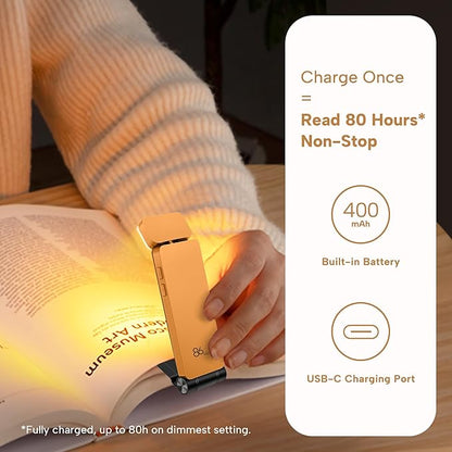 86lux Book Light, Rechargeable Reading Lights for Books in Bed, Ultralight Clip-on LED Bookmark Lamp with 3 Amber Colors & Stepless Dimming for Night Reading for Book Lovers, Kids, Papaya Orange