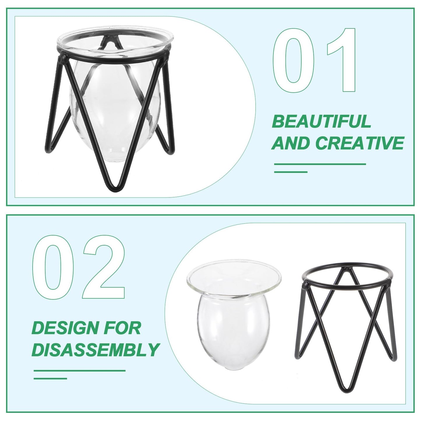 Garneck 6pcs Black Metal Stand Hydroponic Glass Flower Vases Set, Modern Small Desktop Plant Terrarium for Home Décor and Indoor Water Plants
