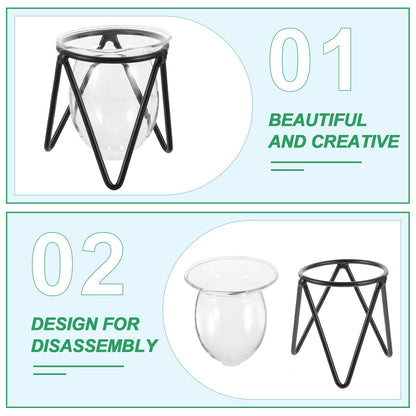 Garneck 6pcs Black Metal Stand Hydroponic Glass Flower Vases Set, Modern Small Desktop Plant Terrarium for Home Décor and Indoor Water Plants