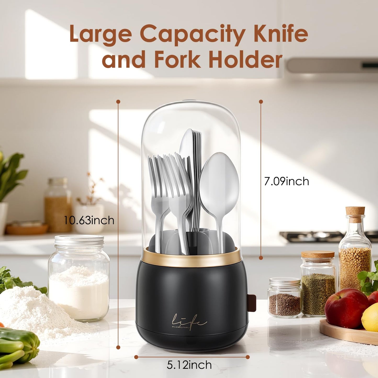 EXIN DECHEN 360° Rotation Silverware Organizer for Kitchen Counter,Utensil Holder Caddy Silverware Caddy Holder for Party,Spoon and Fork Organizer,7 Slots and Intermediate Drainage Device with Cover