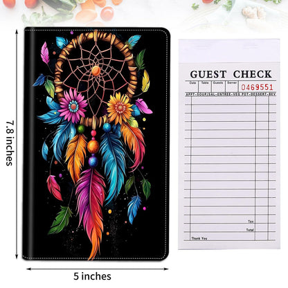 DHYYDSQZ Server Books for Waitress Waiter Book with Zipper Money Pocket Dream Catcher Design PU Leather Cute Waitstaff Organizer Black Waiter Serving Book Wallet with Pen Holder Fit Server Apron