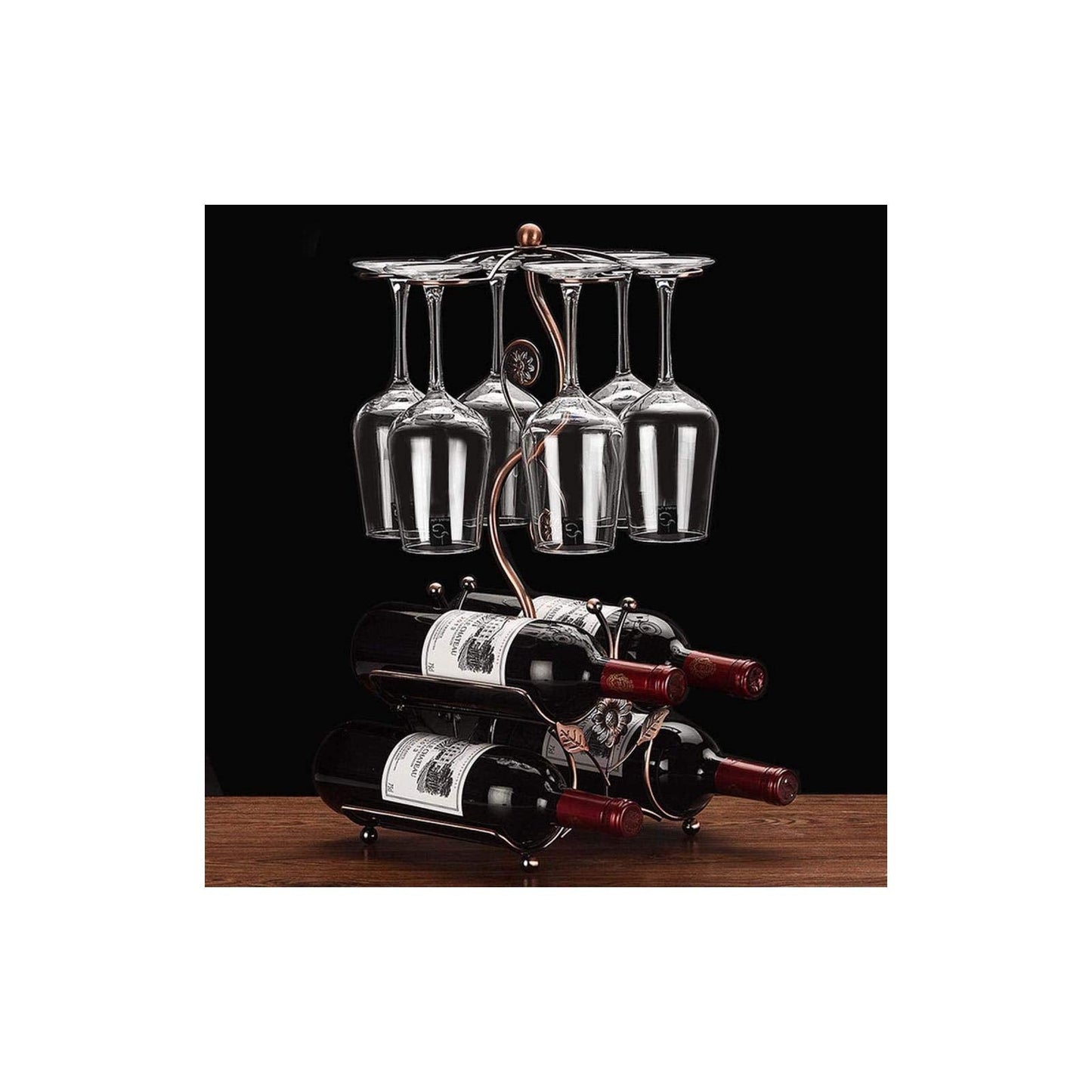 Wine Rack and Wine Glass Holder-Hold 4 Wine Bottles and 6 Glasses-Perfect for Home Kitchen Decor & Kitchen Storage Rack