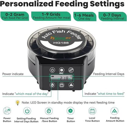 hygger Automatic Fish Feeder for Aquarium: Auto Fish Food Dispenser with LED Display & Timer, Precision Auto Aquarium Vacation Feeder for Fishes with 3 AA Batteries for Betta Turtle Goldfish