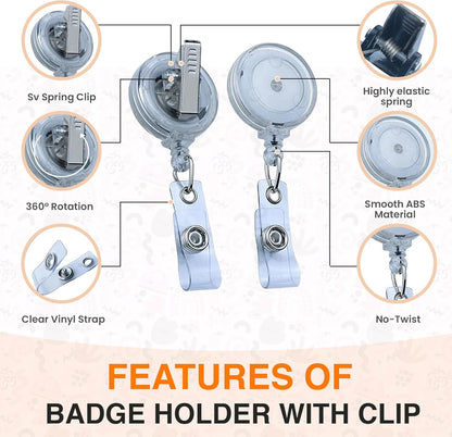 100 Pack Badge Reels Retractable Badge Holder with Clip, Id Clips for Badges, Id Badge Reel, Retractable Id Badge Clip with Clear Vinyl Strap & Alligator Swivel, No Twist Dispenser (Clear)
