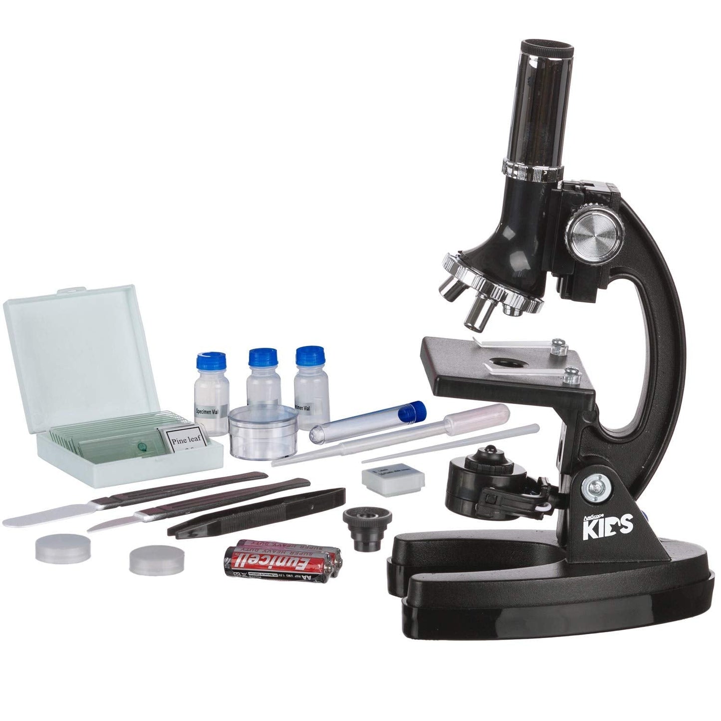 AmScope-KIDS M30-ABS-KT1 Beginner Microscope Kit, LED and Mirror Illumination, 120x - 1200x Six Magnifications, Metal Frame and Base, Includes 48-Piece Accessory Set and Case,Black