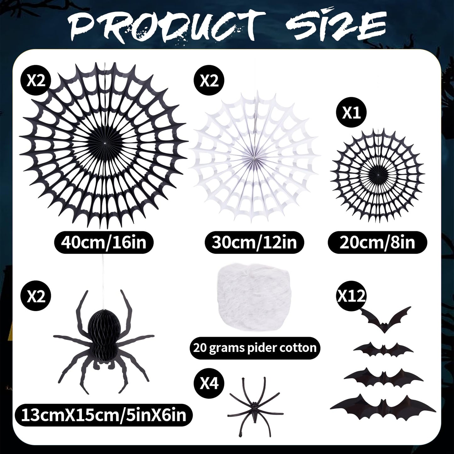 Spider Webs Halloween Decorations with 5 Black White Paper Fans, 6 Fake Spiders and 12 Bat Wall Stickers for Wall Indoor Outdoor Halloween Party Decor