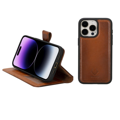 VENOULT Detachable Wallet Case for iPhone 15 Pro MAX, 4 Card Holder Wallet, Man or Women Folio Cover, Compatible with Magsafe, RFID, Genuine Leather, Kick Stand (Chestnut Brown)