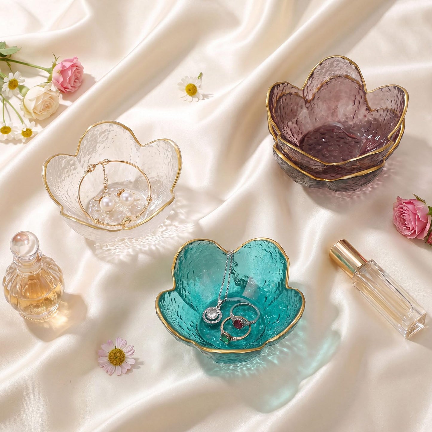 LOYIM 4 Pack Glass Jewelry Dish Small Flower Ring Holder Trinket Tray for Earrings Key Vanity Decor for Women Wedding Gift
