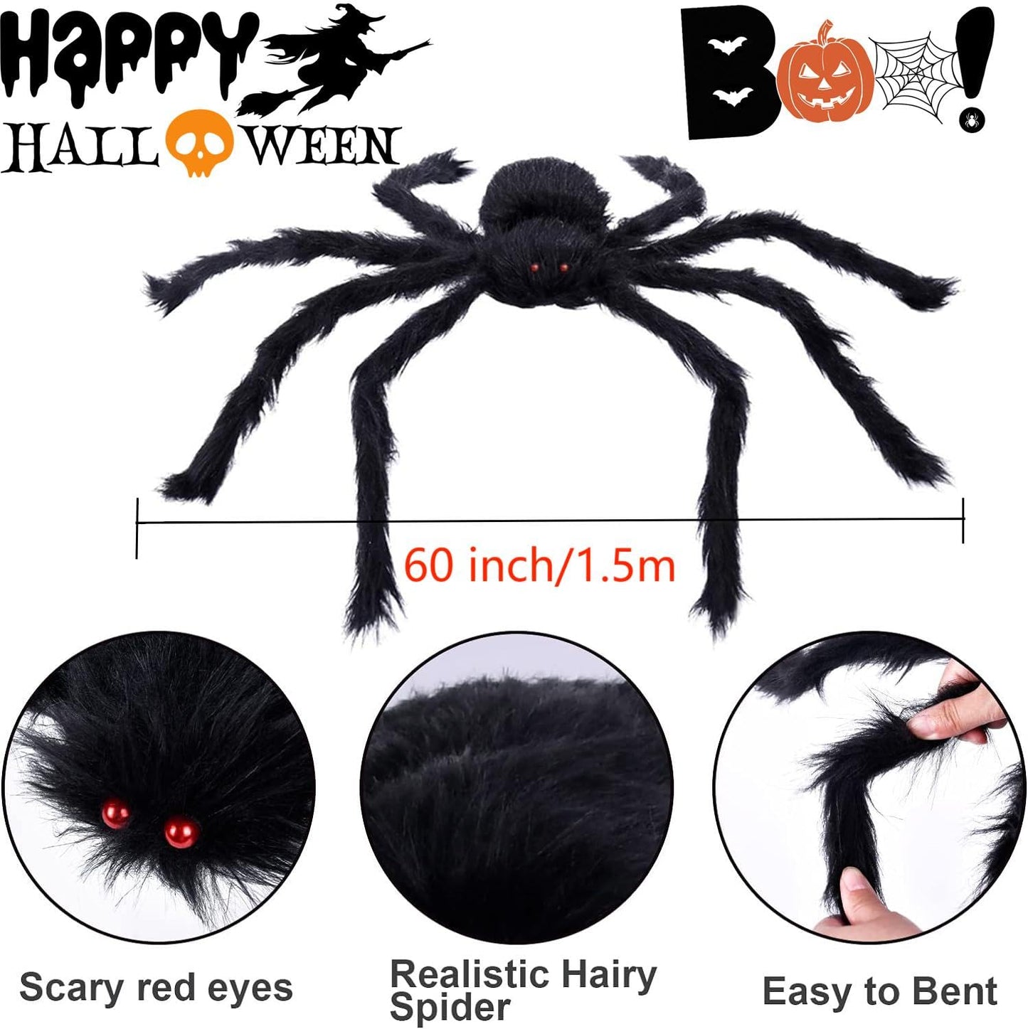 3in1 Halloween Decorations 5ft Giant Spiders 200" White Spider Web Haunted House Outdoor Wall Decor for Halloween Props (Giant Triangular Spider Web+Black Fake Spider+Stretchable Cobwebs)