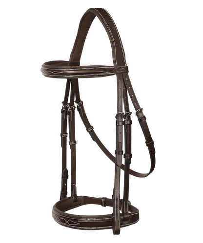 Exion Hunter Anatomic English Bridle – Padded Fancy Stitched Leather Bridle with Rubber Reins – Ergonomic Poll Relief Crownpiece for Jumping & Eventing – Stainless Steel – Havana Brown