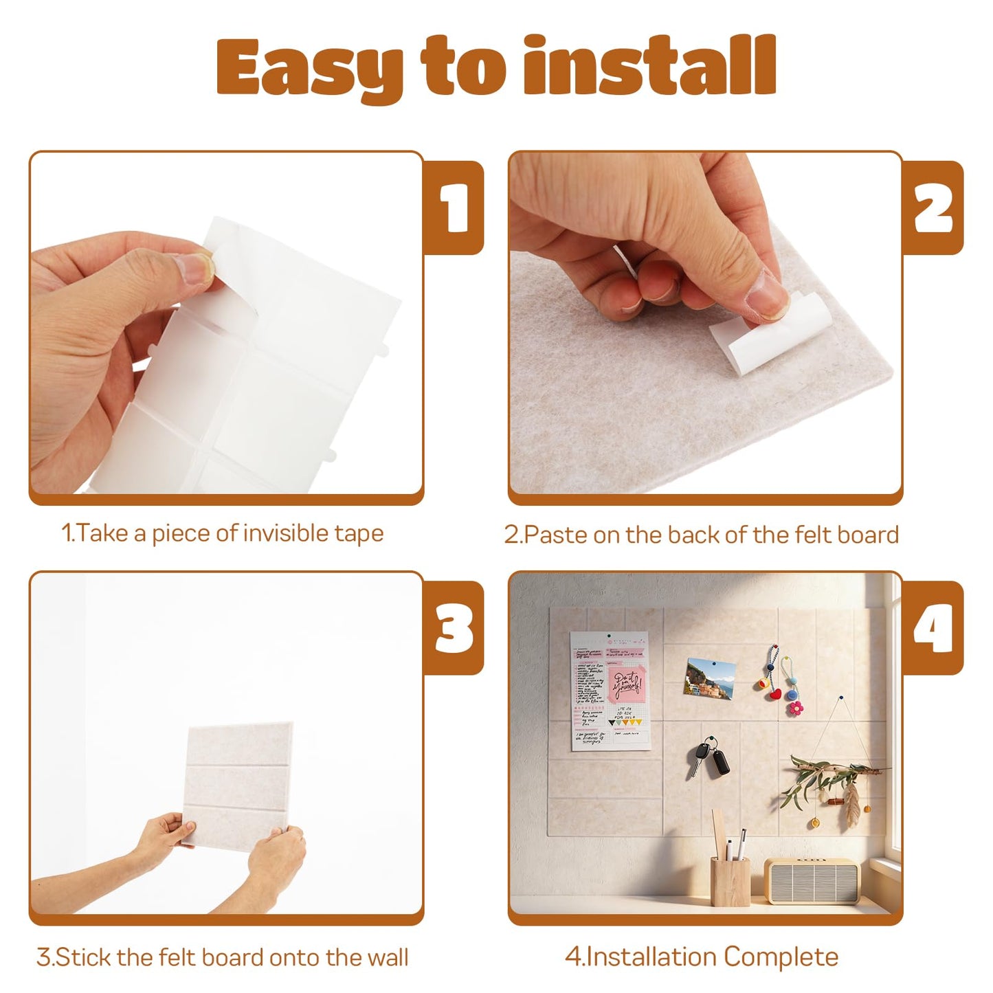 12 Pack Felt Bulletin Board Tiles - Modular Wall Panels (9.45"x9.45" Each), 0.35" Extra Thick Cork Board Alternative with Adhesive Tabs & Push Pins for Office Decor (Light Camel)