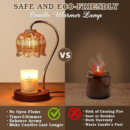 Funistree Flower Candle Warmer Lamp with Timer, Dimmable Candle Lamp Warmer, Christmas Birthday Gifts for Women Mom Her, Housewarming Home Decor, Lotus Wax Warmer for Yankee Candles - Amber-2 Pack