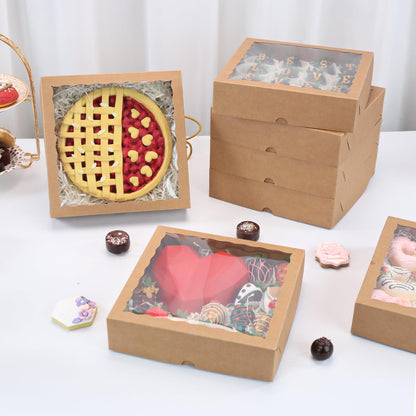ROSPAKTEK Brown Bakery Boxes with Window (12pcs, 9x9x2.5 Inch) for Christmas: Ideal for Pie, Cookies, Chocolate Covered Strawberries, Breakable Heart & Charcuterie