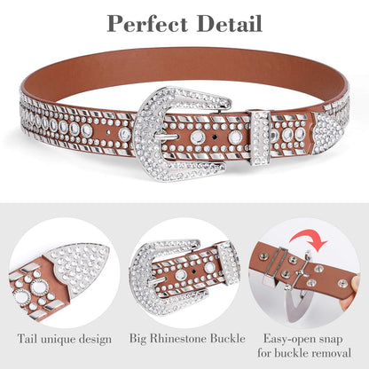 SUOSDEY Rhinestone Belt for Men Women Western Cowboy Cowgirl Bling Studded Leather Belt for Jeans Pants,Brown,M