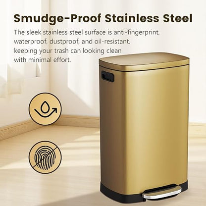 ELPHECO Kitchen Trash Can with Lid Soft Close, 13 Gallon / 50L Stainless Steel Pedal Garbage Can, Heavy-Duty Step Wastebasket with 20 Bags, Removable Bucket, Home Office, Kitchen, Titanium Gold