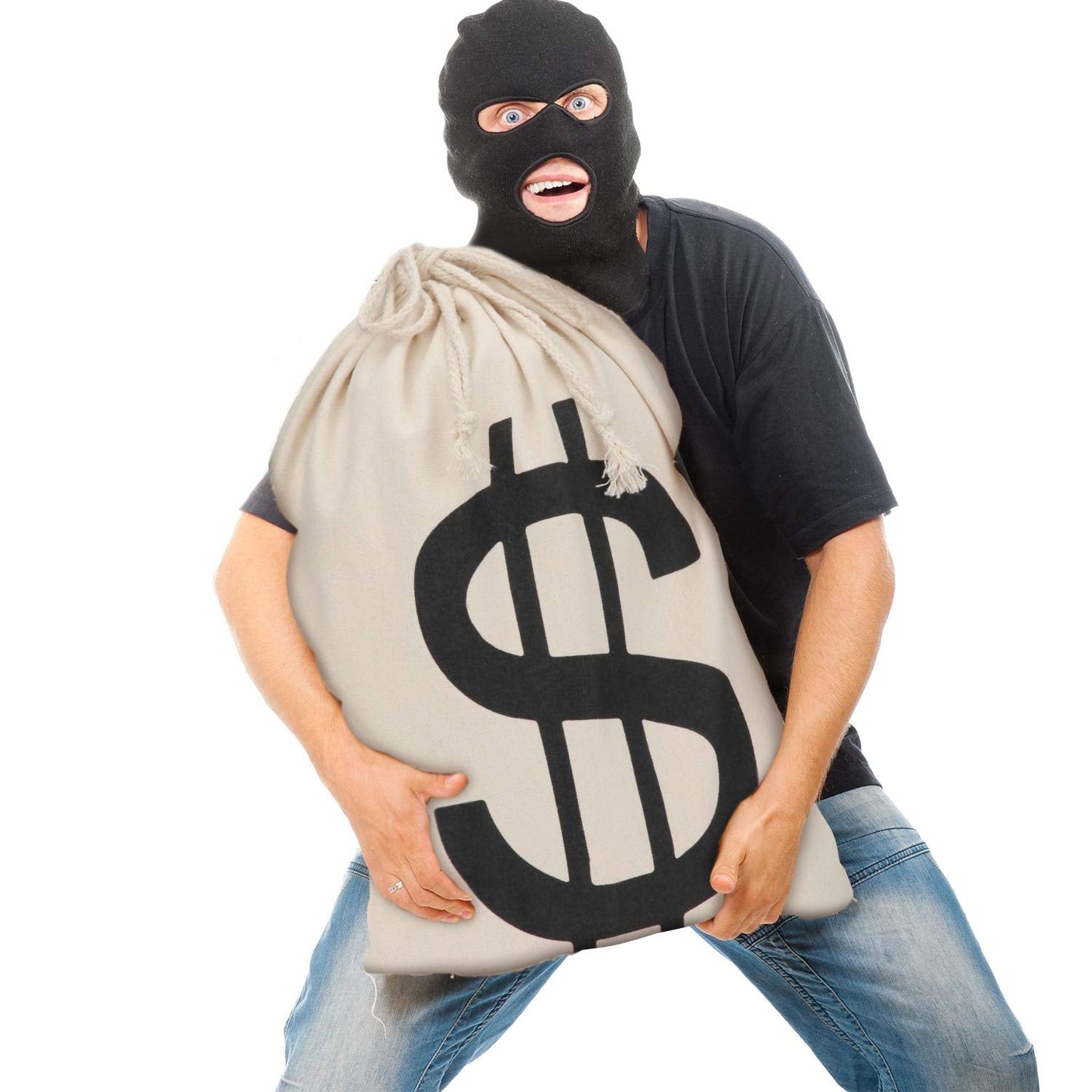 Boao 19.7 x 15.8 Inch Extra Large Money Bags Prop Money Dollar Sign Drawstring Canvas Bag with Dollar Symbol for Toy Favor Cosplay Themed Party