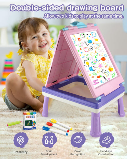 Elovien Easel for Kids, 4 in 1 Double Sided Toddler Art Easel with Chalkboard & Magnetic Whiteboard, Foldable Kid Tabletop Easel with Drawing & Writing Accessories - Educational Gift for Girl (Purple)
