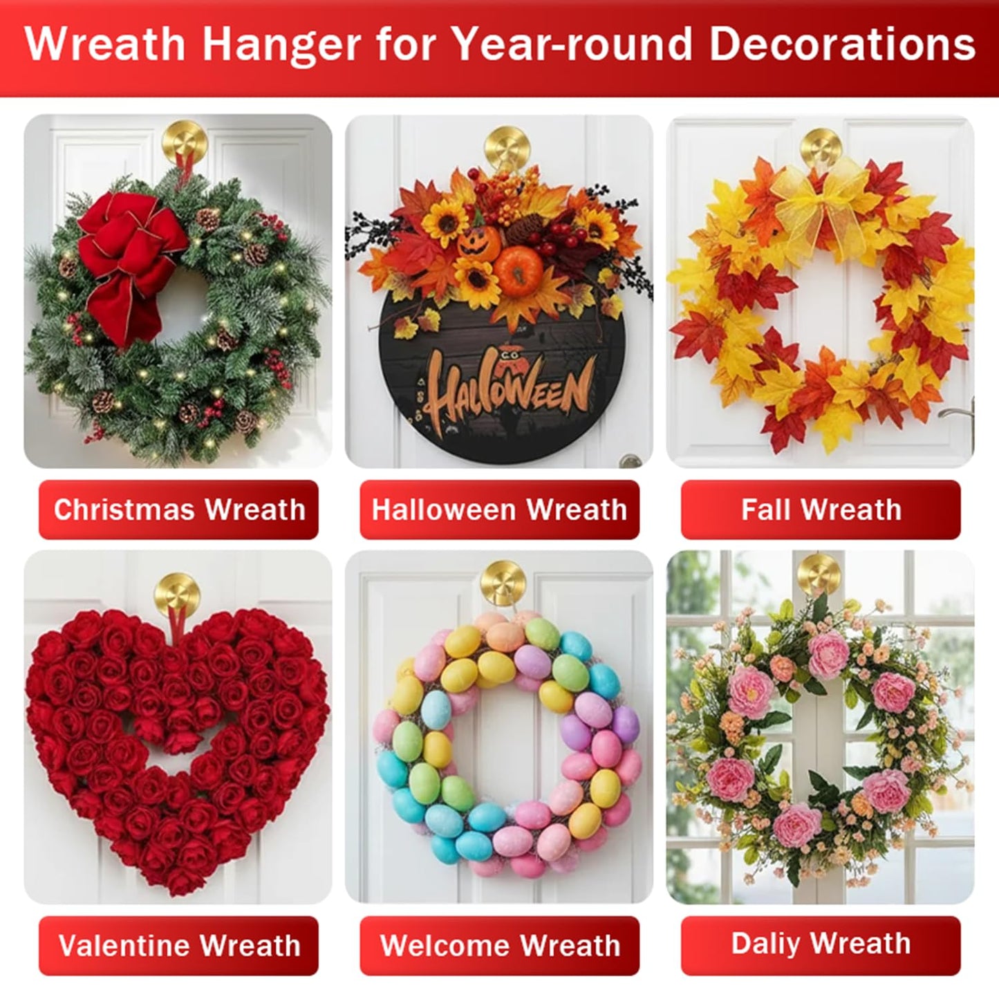 4 Pack Suction Cup Wreath Hanger, New No Drill Suction Cup Hooks for Door Wreaths, Reusable Holder for Glass Window, Door, Fall, Halloween, Christmas, Welcome Sign(Gold)
