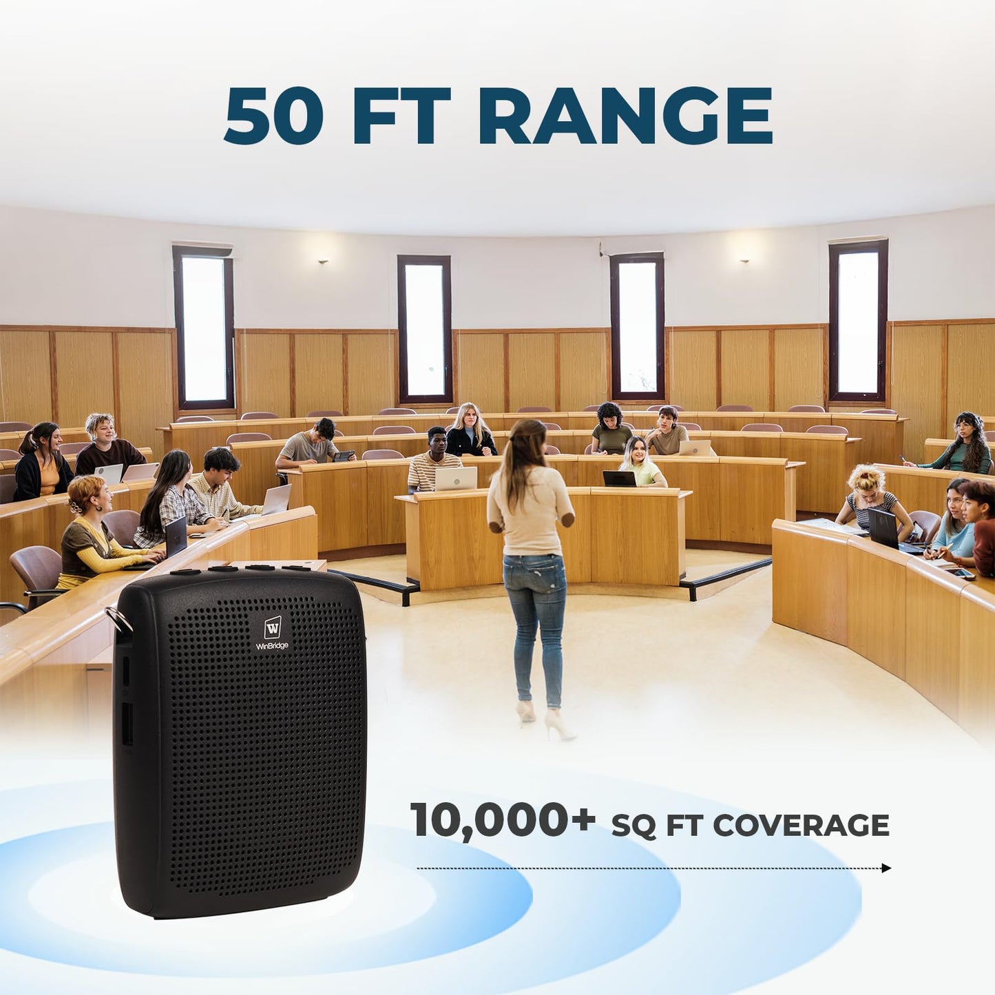 WinBridge Wireless Voice Amplifier for Teachers - Lapel Mic System Saves Your Voice | 15W Portable PA System with Bluetooth, 12H+ Battery, Auto-Pairing | No Headset, Ultra-Light 18.3g Clip Mic WB005N