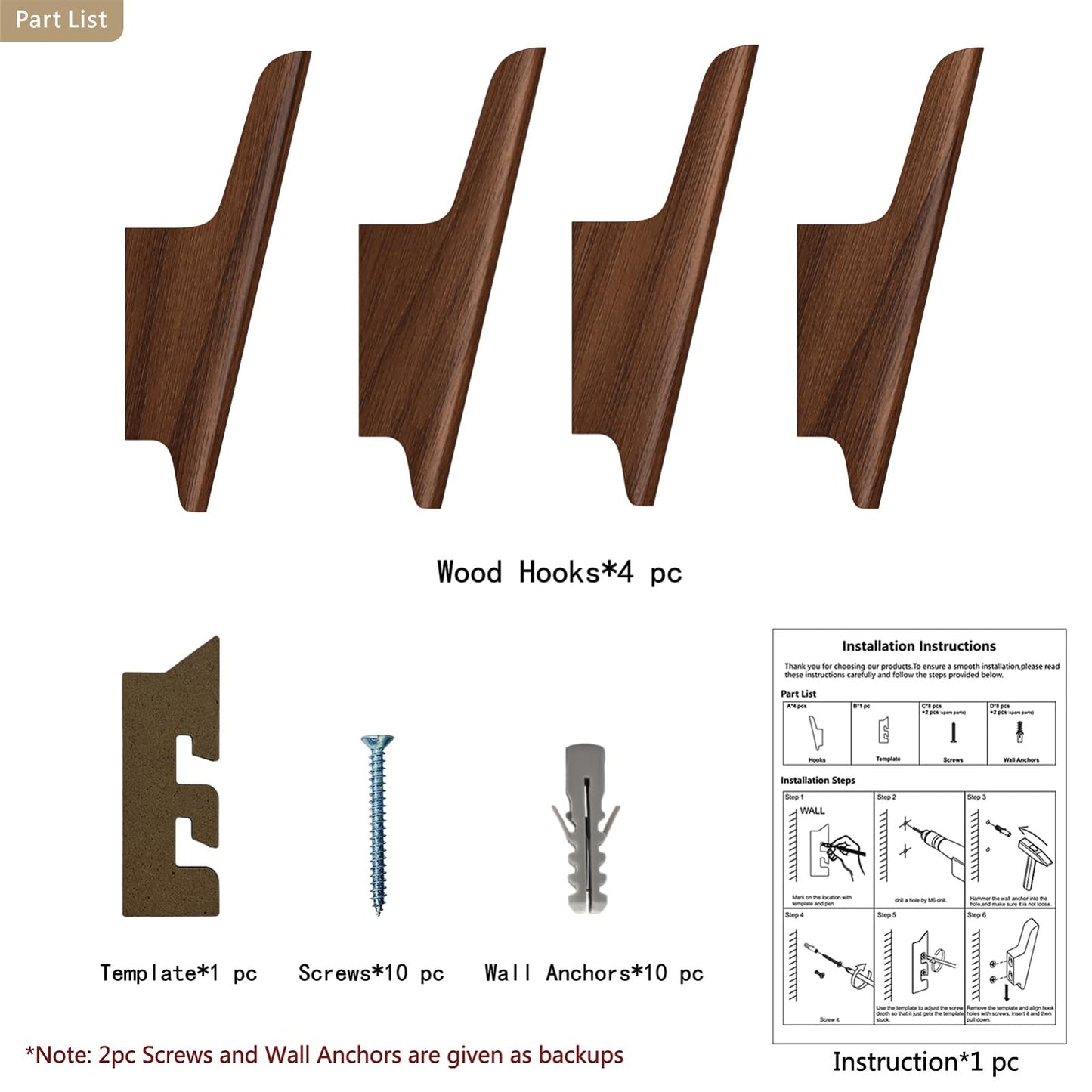 FCOWK Wood Wall Hooks 4 Pack Coat Hooks Wall Mount Walnut Wooden Hooks for Hanging Hat, Bag, Backpack, Rustic Coat Hooks for Wall, Wood Towel Hooks for Bathrooms and Entryway Hooks (Walnut, Dark)