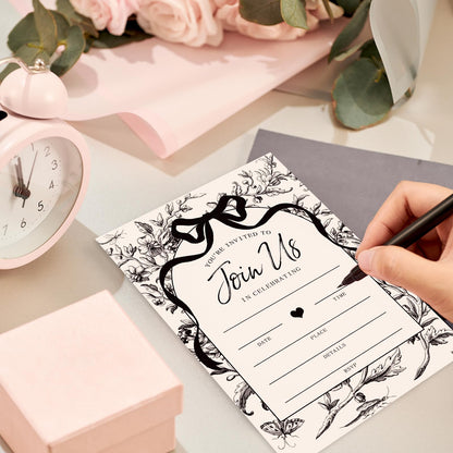 Whaline 25 Pack Black Bow Floral Invitations with Envelopes Stickers Vintage Bowknot Flower Invitation Cards Blank Invites for Coquette Celebration Party Supplies, 5 x 7 Inch