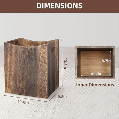 2 Pack 5 Gallon Wooden Trash Can Curved Design Office Waste Basket, Rectangular Farmhouse Garbage Can, Brown Vintage Wood Trash Can Storage Basket With Handles for Bedroom Office Decorative