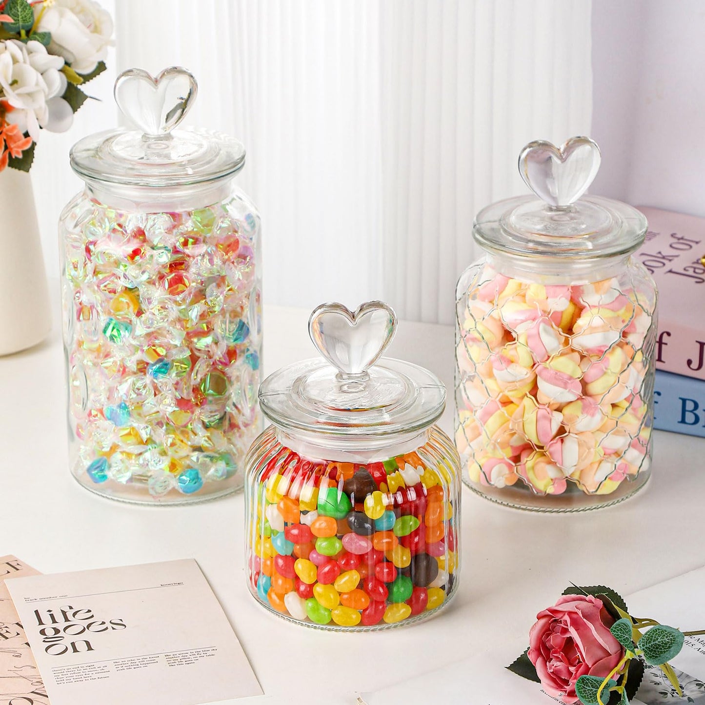WHJY Set of 2 Airtight Glass Jars, 45oz Jar of Hearts Cute Cookie Jar Decorative Jars with Lids Candy Jars for Candy Buffet Heart Shaped Lid - Stripes Textured