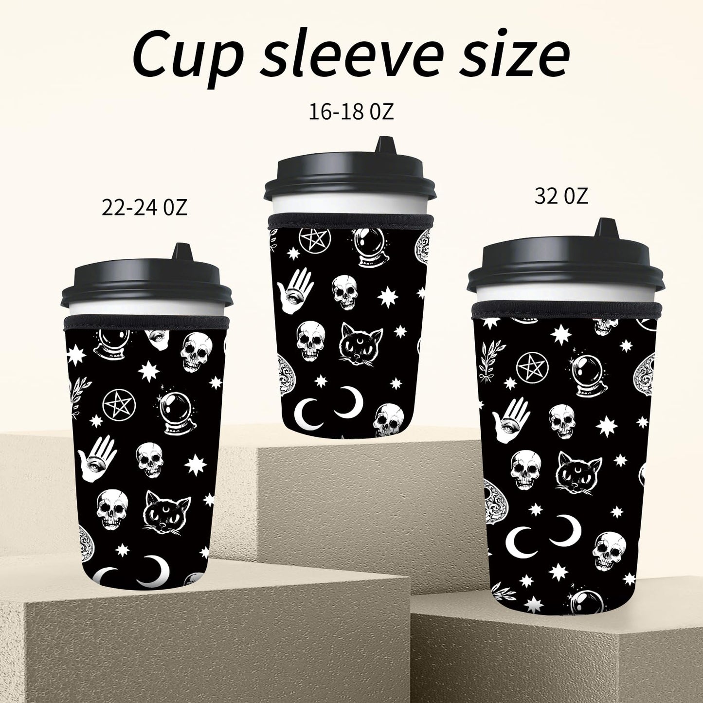 AMZXCFGL 3 Pack Reusable Neoprene Insulator Sleeve for Iced Coffee Cups, Cute Funny Coffee Cup Sleeve, Universal Fit 16-32oz Cups for Hot Cold Beverages Cute Black Cats