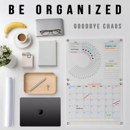 Acrylic Calendar and Habit Tracker Set - Magnetic Acrylic Calendar for Fridge - Clear Magnetic Planner for Refrigerator - Clear Dry Erase Board for Wall with pens, holder, eraser - The Goal Tracker