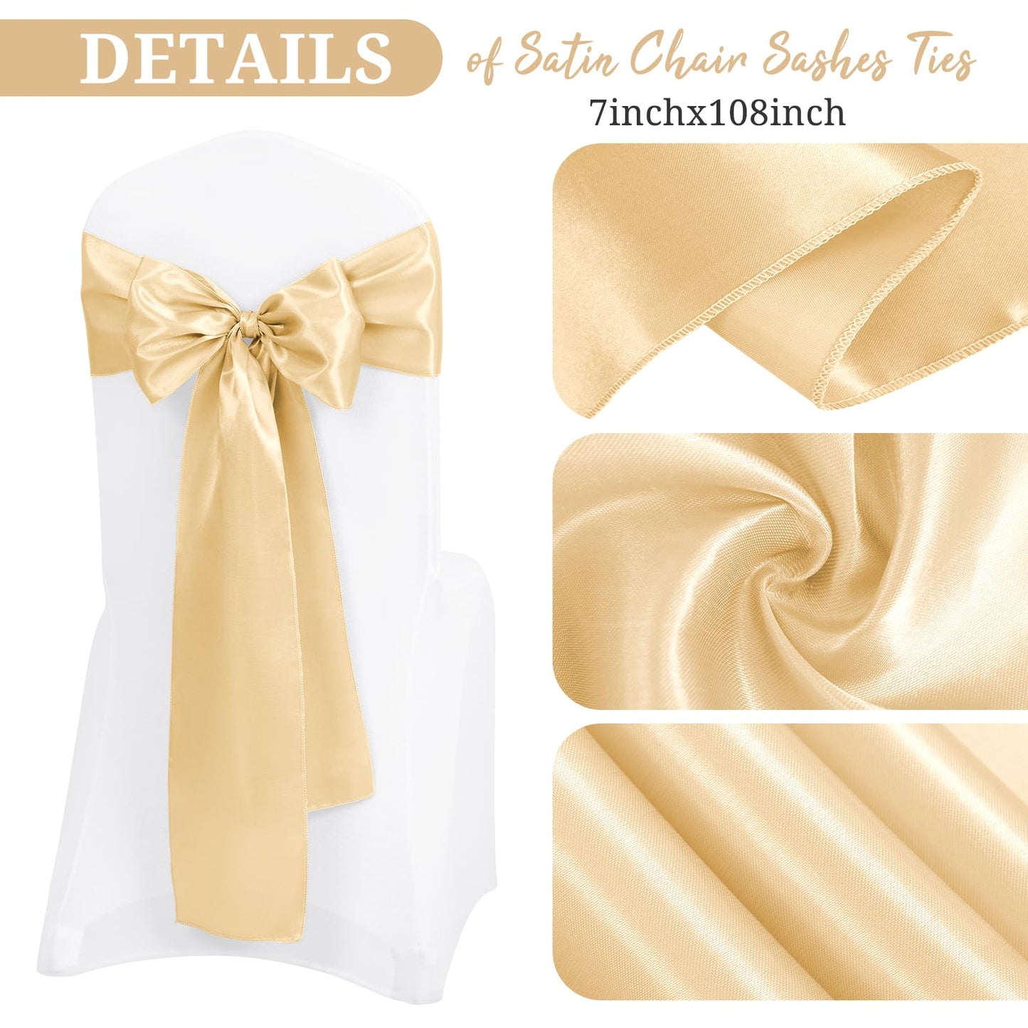 Pesonlook 120 PCS Champagne Satin Chair Sashes Bows Satin Chair Sashes Universal Chair Cover for Wedding Reception Restaurant Event Decoration Banquet,Party,Hotel Event Decorations (7 x 108 inch)