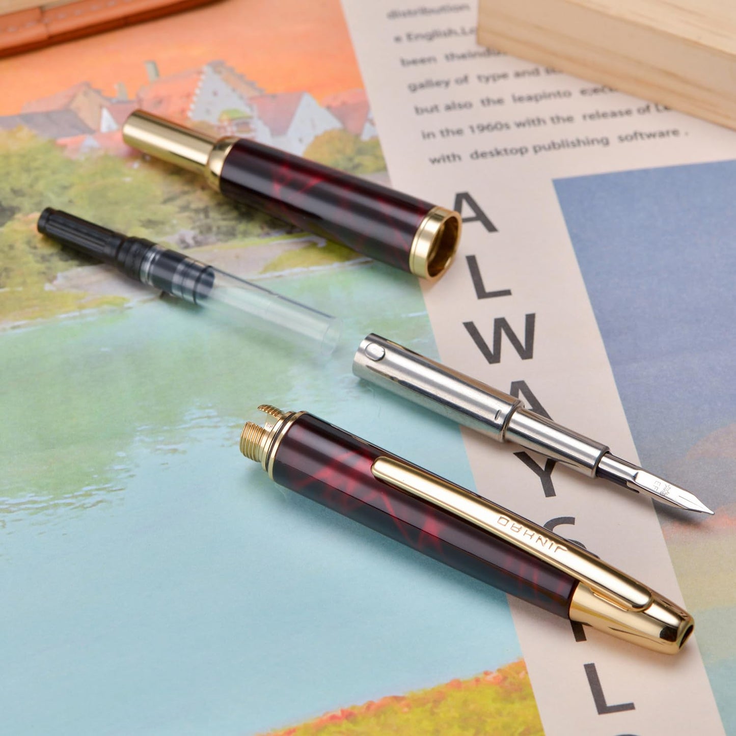 Jinhao 10 Press Fountain Pen with Box, Marble Red Retractable Extra Fine Nib with Ink Converter Set (Golden Clip)
