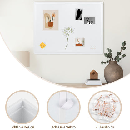 AKTOP Bulletin Board, 24" x 16" Foldable Felt Notice Pin Board for Wall, Decorative CorkBoard Photo Display Board with Self-Adhesive Tape, Vision Board Cork Board Alternative with 25 Pushpins - White