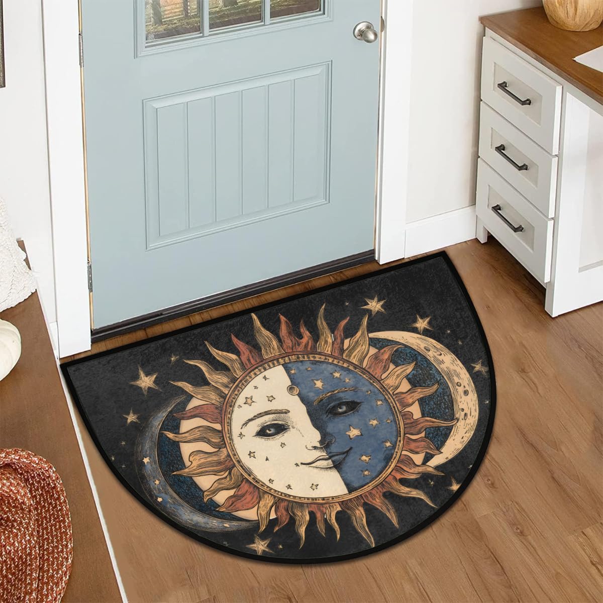 Pardick Boho Sun Moon Half Round Door Mat, Non-Slip Welcome Indoor Entrance Way Rug Semi Circle Front Doormats Washable Bathroom Kitchen Floor Mat, Outdoor Rugs for Garage, Patio, Hearth Rug