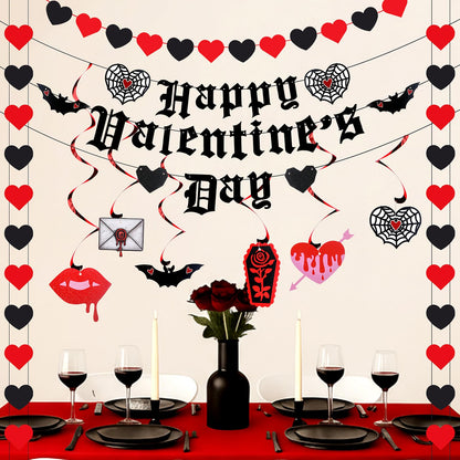 Janinka Gothic Valentines Decor Spooky Goth Valentine Day Decor Black Romantic Gothic Heart Garland Black Bat Theme Banner Garland Pre-assembled Hanging Heart Swirls for Wedding Engagement Anniversary