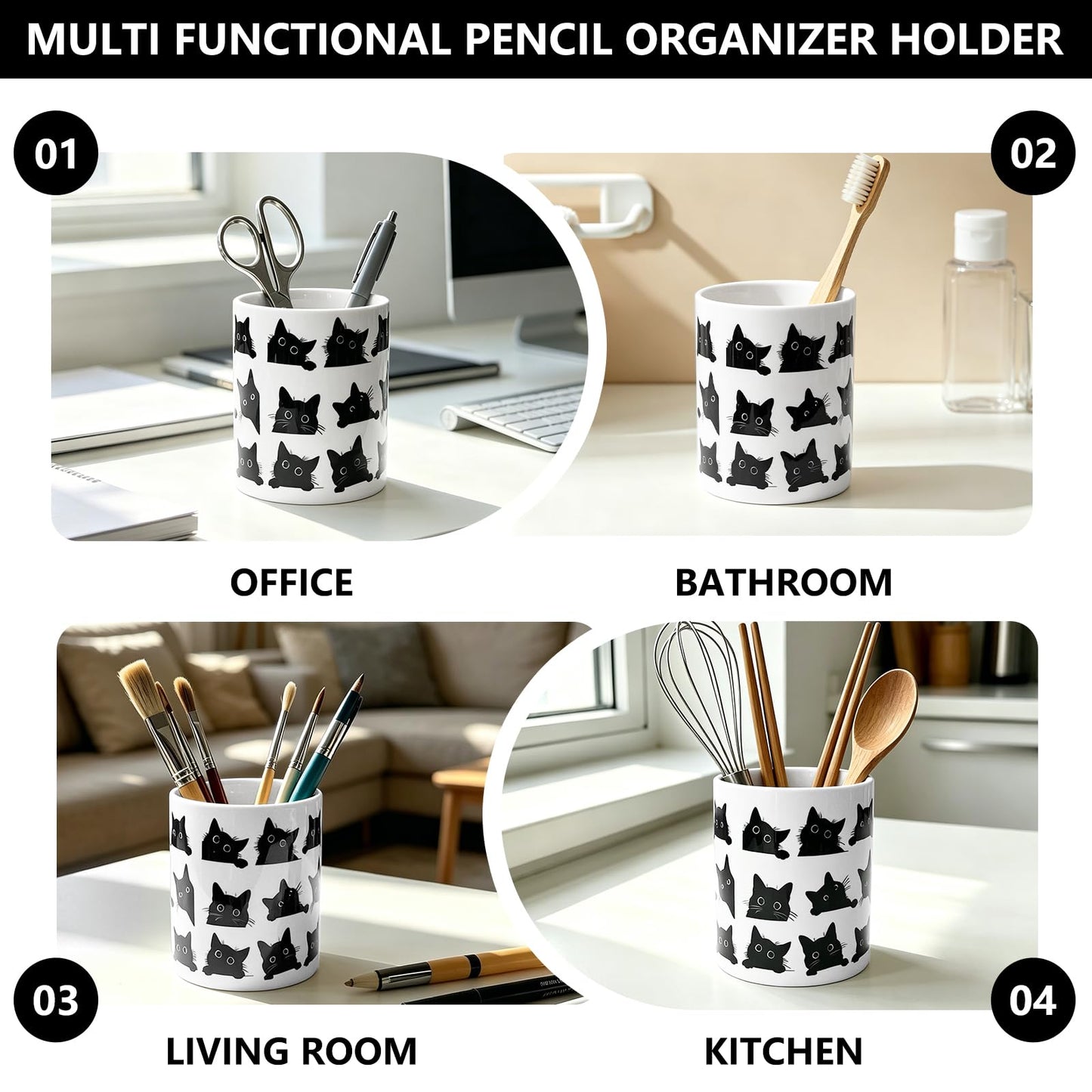 vnbsdwi Ceramic Pencil Holder for Desk Cute Pen Holder Black Cat Pencil Cup Pot Desk Organizer Large Capacity Ceramic Makeup Brush Holders Multifunctional Office Supplies for Home School
