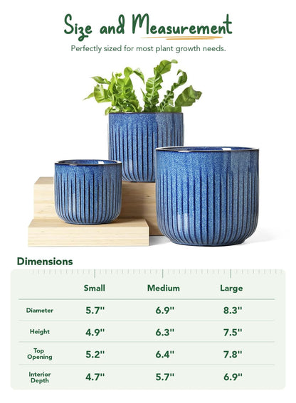LE TAUCI Ceramic Plant Pots, 8.3/7/6 Inch Indoor Planters with Drainage Holes & Mesh, Modern Glossy Glaze Cylinder Fluted Flower Pot for Snake Plant, Set of 3, Harbor Blue