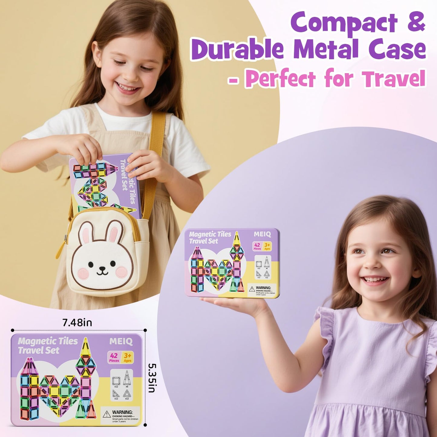 MEIQ 42-Piece Mini Magnetic Tiles Travel Set with Metal Storage Box - Portable STEM Building Blocks for Kids Ages 3-8, Montessori Educational Toys for Airplane & Car Rides, Gift for Boys & Girls