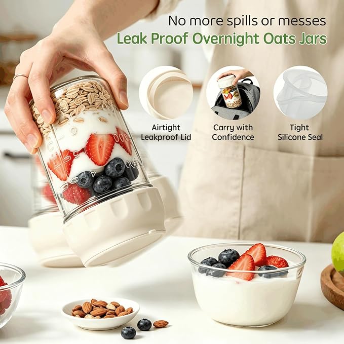 Overnight Oats Containers with Lids and Spoon 2 Pack, 16oz Leakproof Glass Oat Over night Jar with Seperate Compartment for Fruit & Nuts, Mason Jars for Oatmeal Yogurt Chia Seed Pudding Meal Prep