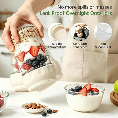 Overnight Oats Containers with Lids and Spoon 2 Pack, 16oz Leakproof Glass Oat Over night Jar with Seperate Compartment for Fruit & Nuts, Mason Jars for Oatmeal Yogurt Chia Seed Pudding Meal Prep