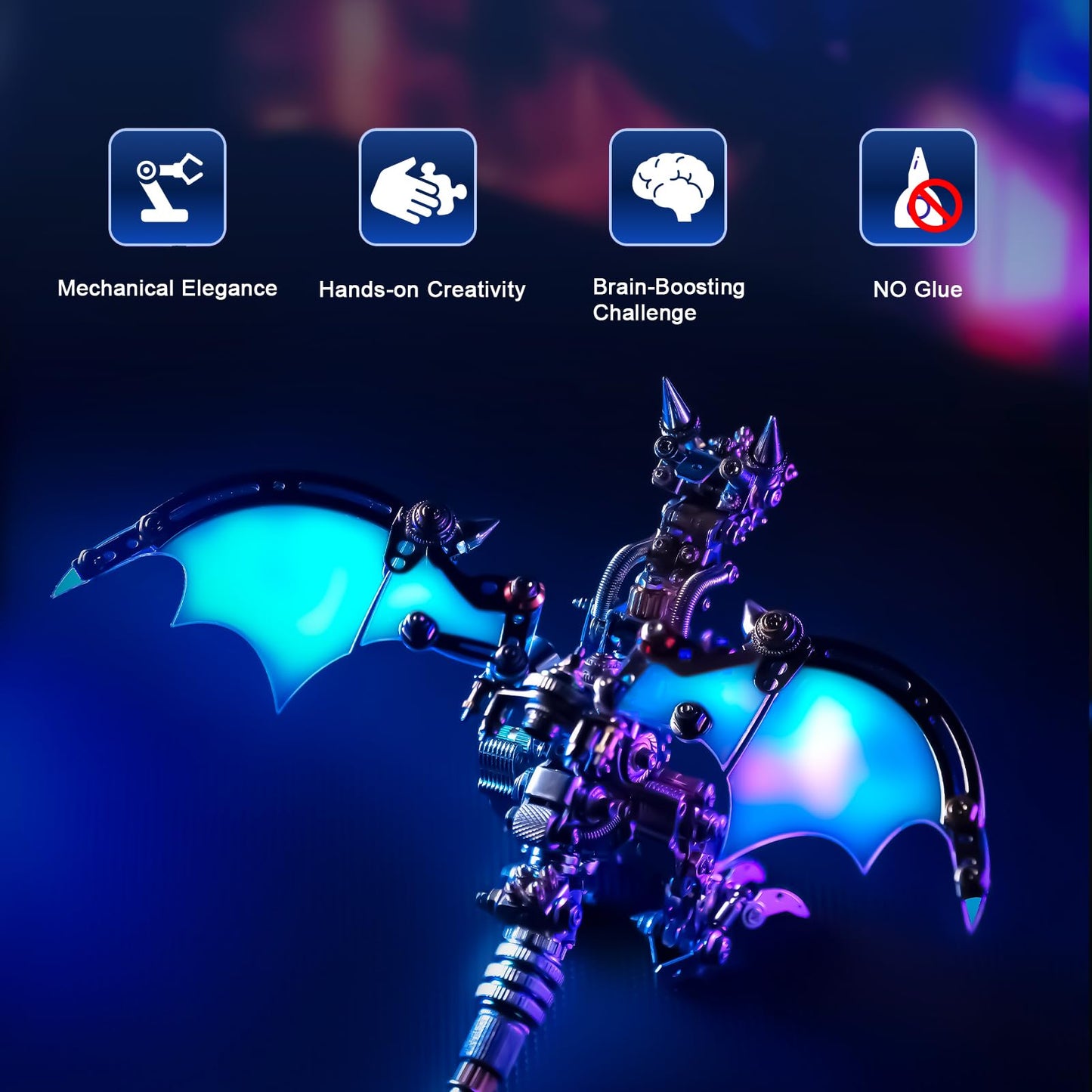 Arcynix Mostarle Reno Blue Dragon 3D Metal Puzzle Kit, 613 Pieces, Magnetic Assembly, LED Light-Up Color Changing Wings, Adjustable Display, DIY Mechanical Model for Advanced Builders Collectors