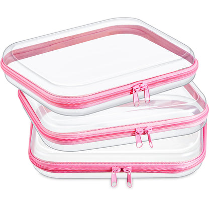 Hoolerry 3 Pcs Clear Hard Zipper Case Hard Plastic Zipper Pouch Makeup Bag Portable Travel Organizer for Cosmetics, Office Supplies, Documents & Toiletries(Pink,M)