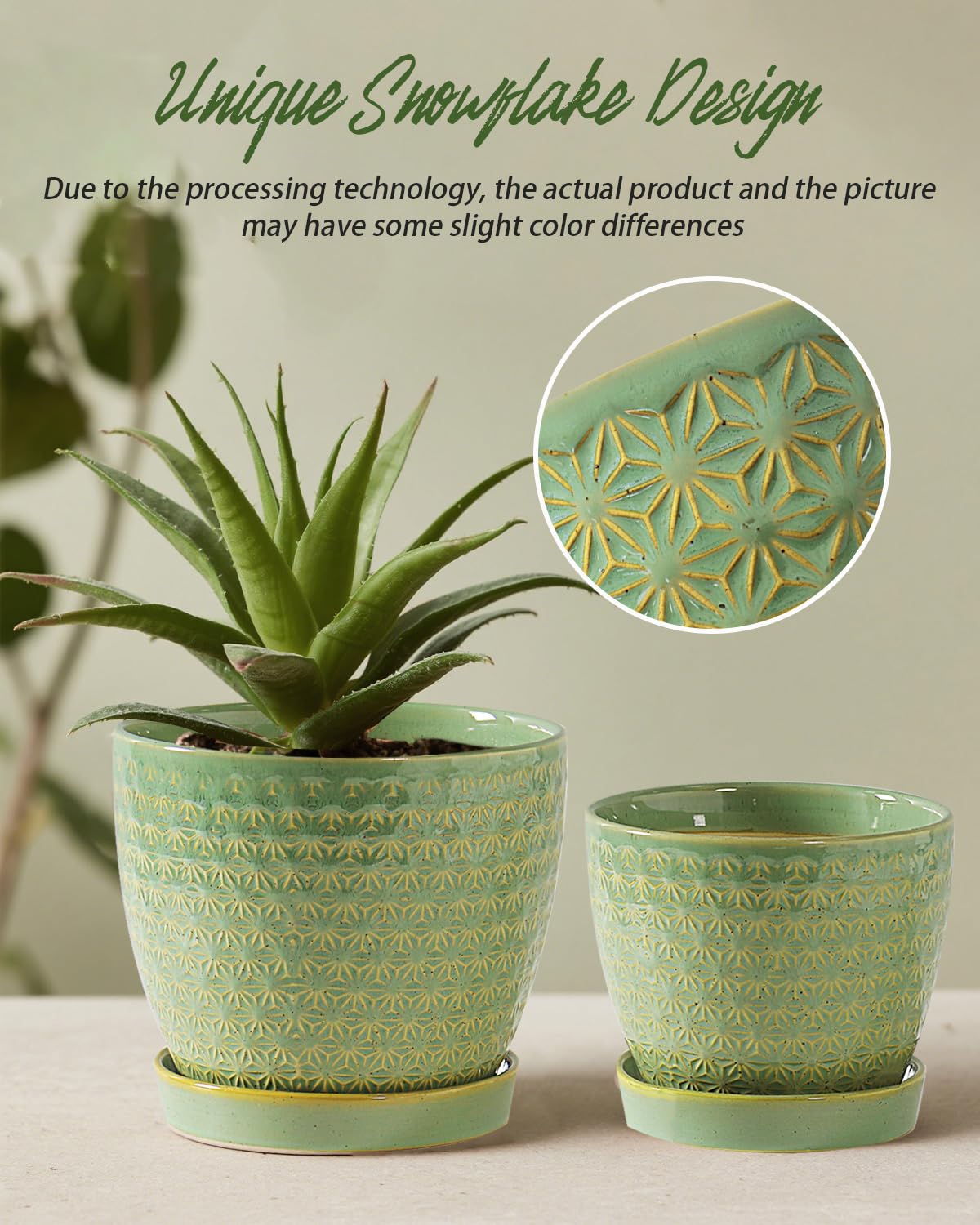 Plant Pots, Flower Pots, Planters for Indoor Plants(6.5+5.5inch), Flower Pots for Indoor Plant with Drainage Hole and Saucer, Ceramic Pots for Plants with Hole Mesh Pad,Sage Green