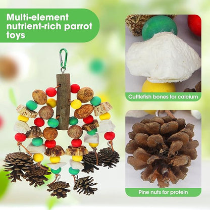MQUPIN Parrot Toys, Nuts Nutrient-Rich Bird Toys,Natural Wooden Parrot Cage Bite Toy,Chewing Toy Containing Cuttlefish Bones,Pine Cones,Wooden Mangoes and Carambola for African Greys,Cockatoo,Budgie