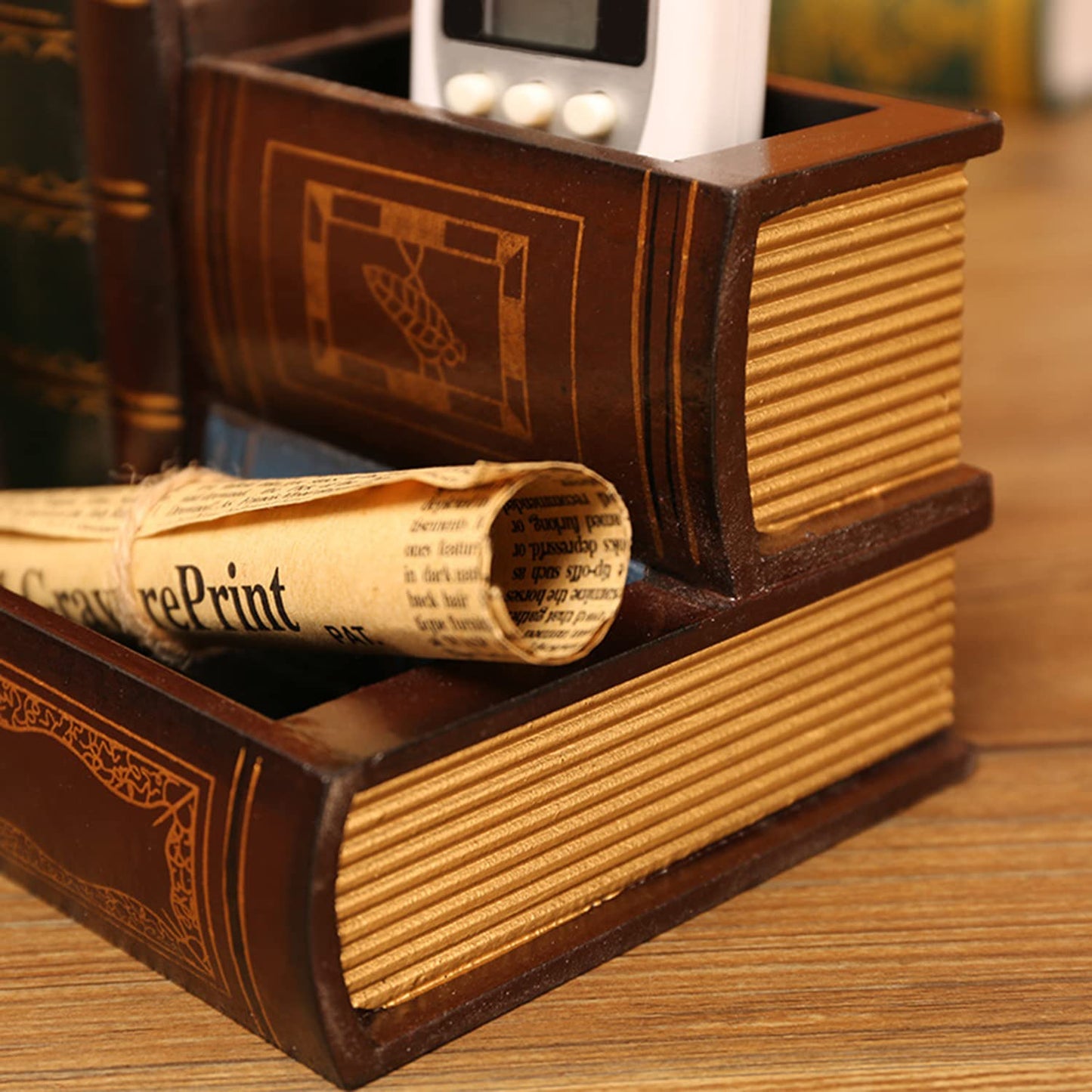 Tosnail Decorative Pen Holder with Storage Compartment, Wooden Pencil Holder and Organizer, Antique Library Books Design Pen Cup Caddy for Office Supplies, Countertop, Desk, Table