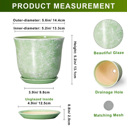SUNPOTFOR Ceramic Plant Pots - 5.6 Inch Plant Pot with Drainage Hole and Saucer, Round Orchid Succulent Pots for Indoor Outdoor, Small Modern Planter, Desk Window Room Decor, Green