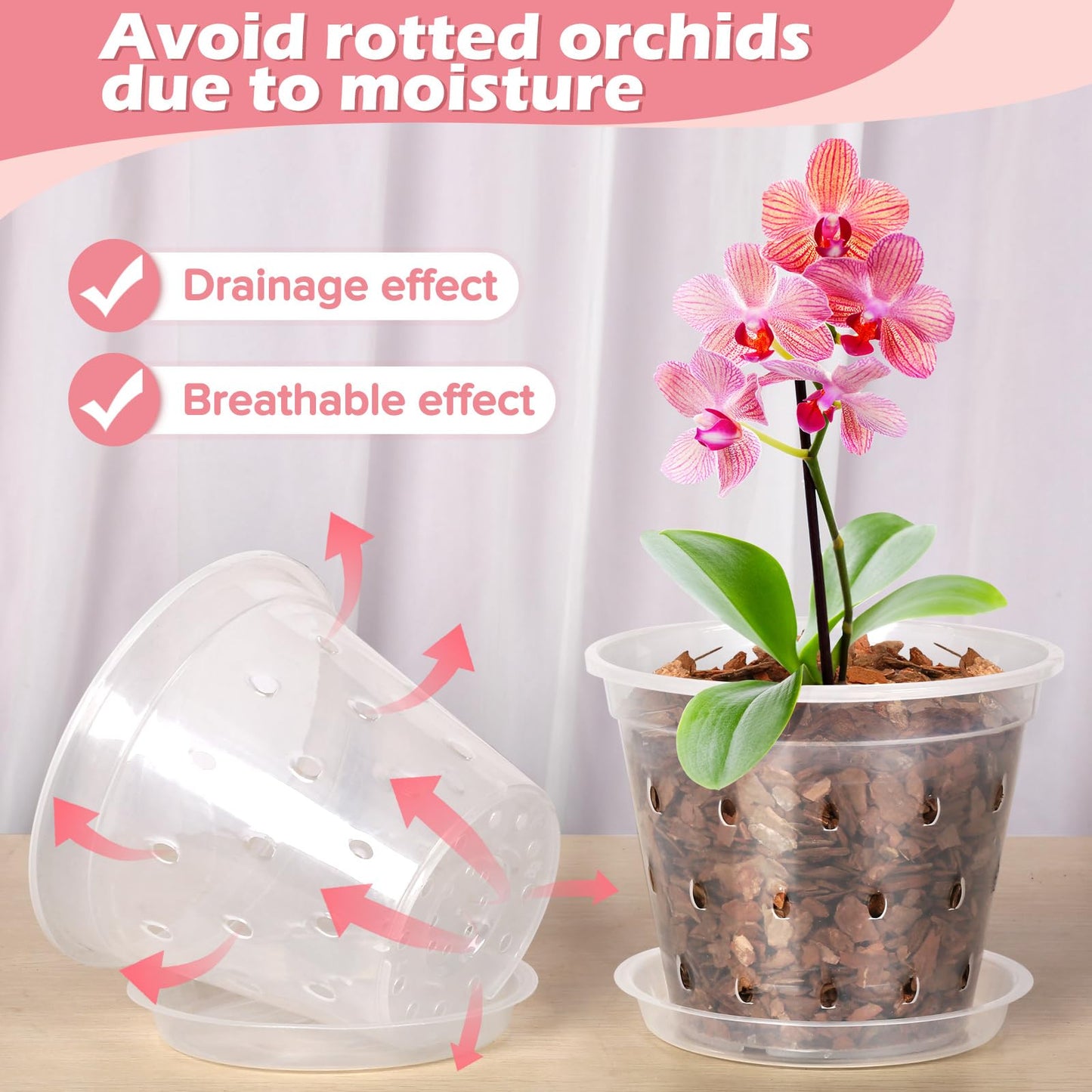 FUIJOL Orchid Pot, 6 Pack 5 Inch Clear Orchid Pots with Holes and Saucers for Repotting, Breathable Slotted Plastic Orchid Planters with Drainage for Root Health Indoor Outdoor (5 Inch)